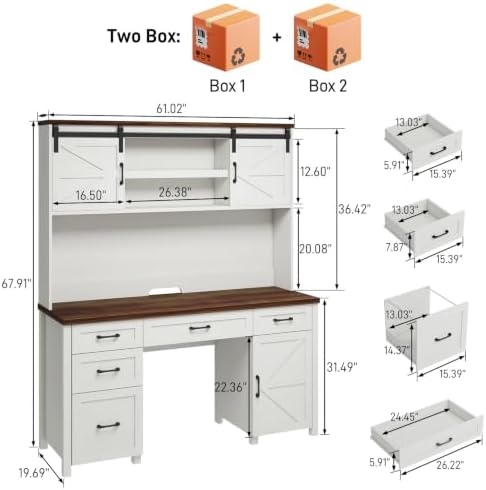Vabches Farmhouse 67" H Executive Desk with Hutch & 5 Drawers, Unique White - Image 2