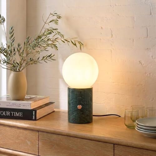 Brightech Kai LED Table Lamp - Bedside Reading Light with Unique Green Marble Base, Modern Desk Lamp, Nightstand Lamp with Ambient Lighting for Bedrooms, Living Room, Den - Modern Globe Lamp Shade - Image 2