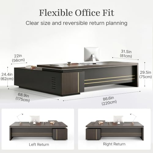 87" Reversible L-Shaped Executive Desk with Drawers, Storage Cabinet, Built-in Power Hub & Privacy Panel, Obsidian Grey & Mocha Walnut - Image 2