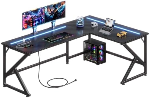43.3'' L Shaped Gaming Desk with LED Lights & Power Outlets, Black Desk by GRANNYSAYS