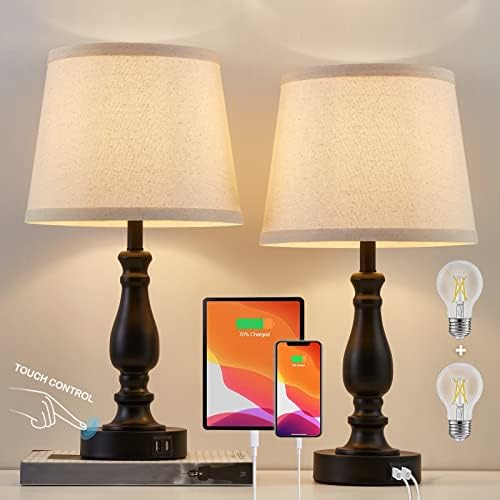 EJIAXIN Lamps for Bedroom Set of 2,Touch Bedside Table Lamp with USB C+A Ports,Dimmable Nightstand Lamps with Round Fabric Linen Lampshade for Living Room Reading Bed Side End Table,Bulbs Included by WelcometoEJIAXIN