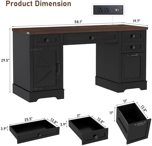 Squireewo 58'' Farmhouse Home Office Desk with Drawers, Wooden Executive Desk with Charging Station, File Drawers and Storage Cabinet, Computer Desk for Work, Study and Writing, Black - Image 2