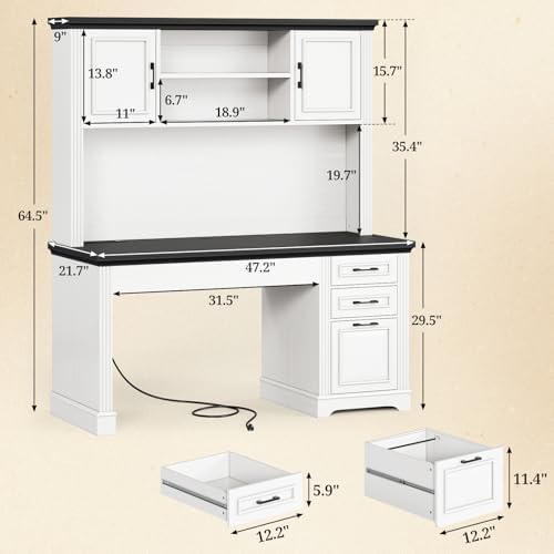 SEDETA Farmhouse Computer Desk with Hutch and 3 Drawers, 47.2" Executive Office Desk with Storage Drawers, Wood Desk with Power Outlet for Home Office, White - Image 2