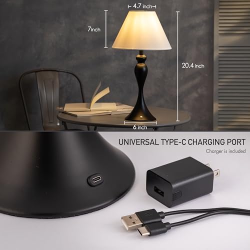 O'Bright Ember Cordless Table Lamp – Rechargeable, Touch Dimmable, Battery Operated, E26 LED Bulb, Type-C Fast Charging, Portable Lamp for Bedroom, Living Room, Office, Black - Image 4