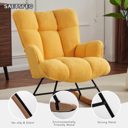 SAETSFEG Rocking Chair Nursery Teddy Upholstered Glider Rocker Rocking Accent Chair Padded Seat with High Backrest Armchair Comfy Side Chair for Living Room Bedroom Offices (Golden Yellow Teddy) - Image 3
