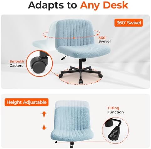 Orange Factory Criss Cross Chair with Wheels, Wide Vanity Seat, Blue Teddy - Image 6