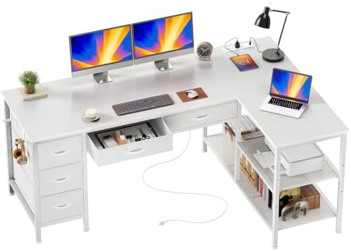 PRAISUN 55 Inch L Shaped Desk with Power Outlets, 5 Fabric Drawers by PRAISUN