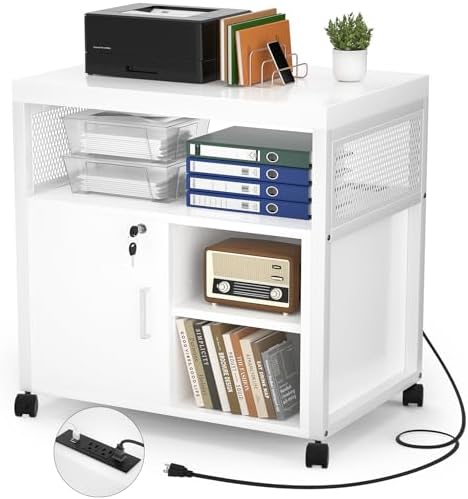 Unikito Rolling File Cabinet Lateral Office Filing Cabinets with Socket and USB Charging Port, Modern Printer Stand on Wheels, Printer Cabinet with Door and Open Storage, Lockable, White by Unikito