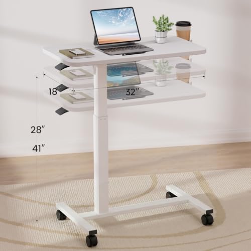 GTPLAYER Small Standing Desk with Wheels, Pneumatic Mobile Rolling Laptop Desk,Adjustable Height Overbed Bedside Table Computer Workstation for Home Office (28" W x 16" D, Ivory White) - Image 3