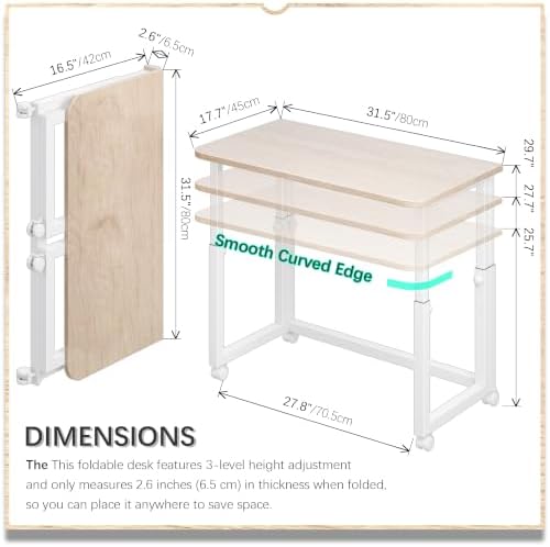 4NM No Tool Assembly 31.5" Small Desk, Folding Portable Desk with Wheels, Adjustable Height Foldable Computer Home Office Desks, Collapsible Study Writing Table for Space Saving Bedroom - Cloud Oak - Image 5