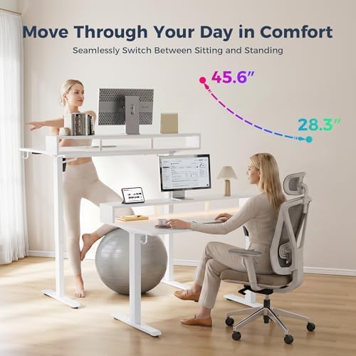 Klicelor Electric Standing Desk with Shelf, 48 Inch Height Adjustable Desk with Power Outlets & LED, Sit Stand Up Table with Monitor Stand, Computer Workstation for Home Office, White - Image 6