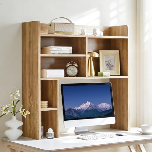 TUKAILAi Desktop Bookshelf Organizer, Countertop Storage Hutch with 7 Shelves for Desk, Dorm Desk Hutch Wood Display Rack for Home Office (Natural) by TUKAILAi