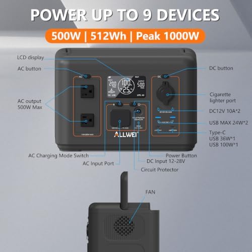 ALLWEI Portable Power Station 500W, 512Wh LiFePO4 Battery UPS Backup Power - Image 5