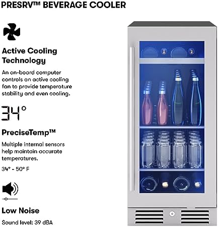 Zephyr Presrv 15" Slim Wine Fridge & Beverage Refrigerator Single Zone Under Counter - Narrow Mini Wine Cooler Small Beer Cabinet Drink Chiller Freestanding with Glass Door, 4 bottles, 64 cans - Image 2