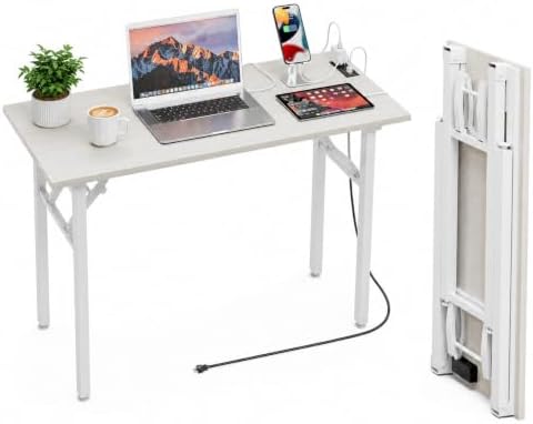 Folding Table Computer Desk - 43.3" No Assembly Folding Desk with Power Outlets & USB Charging Port, Small Desk, Foldable Office Desk, Compact Storage Portable Use for Small Space, White Ash by HMFOR