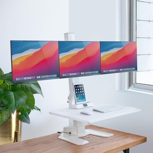 Mount-It! Triple Monitor Electric Standing Desk Converter - 3 Monitor Standing Desk is Height Adjustable, Sit-Stand Converting Desk for Home, Office Monitor Mounts Fits Screens up to 32" White - Image 2