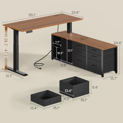 SEDETA L Shaped Electric Standing Desk, 55" x 55" Height Adjustable Corner Office Desk with 6 Fabric Drawers and Storage Shelves, Stand up Home Office Desk with Power Outlet, Black and Brown - Image 3