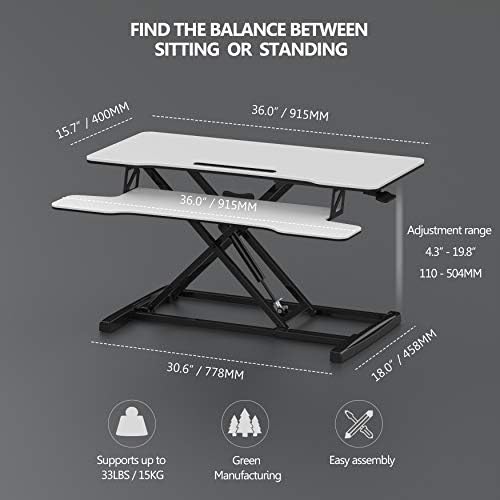 FITUEYES Height Adjustable Standing Desk 36” Wide Sit to Stand Converter Stand Up Desk Tabletop Workstation for Laptops Dual Monitor Riser White SD309103WW - Image 4