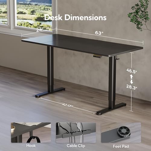 Claiks Electric Height Adjustable Standing Desk, 63x24 Inch, Black - Image 3
