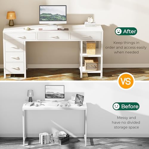 Huuger Computer Desk with 6 Drawers, Office Desk with Shelves, Reversible Gaming Desk, Corner Desk with Storage, Work for Home Office, Study, Living Room, 54inch, White - Image 5