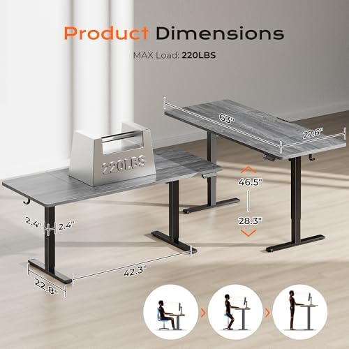 Huuger 63 x 28 Large Electric Standing Desk, Height Adjustable Computer Desk, 27.6" Deep Desktop, Stand up Gaming Office Table with 2 Hooks, 3 Preset Heights, for Home Office, Grey - Image 2