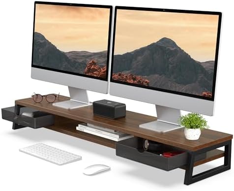 Fenge Dual Monitor Stand Riser, 42.5in Desk Shelf with 2 Drawers, Brown by Fenge