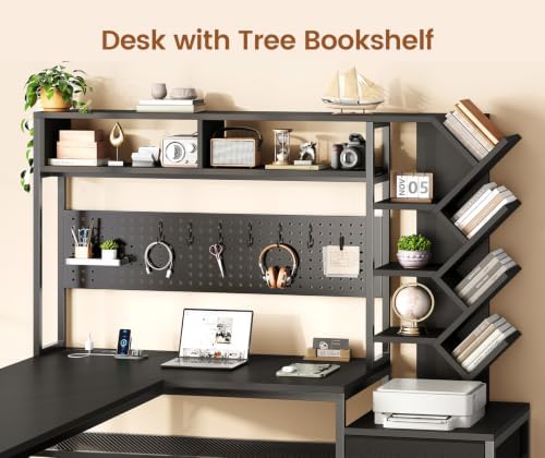 SEDETA L Shaped Gaming Desk with Hutch, Convertible 97.6" Two Person Office Desk with Drawers and Bookshelf, Corner Computer Desk with Power Outlet, LED Lights, Black - Image 4