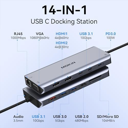 USB C Laptop Docking Station Dual Monitor, 14 in 1 Docking Station 3 Monitors Multiport Adapter with 2 HDMI 4K, VGA, RJ45 Ethernet, 10Gbps USB C/A, 100W PD, SD/Micro SD, 3.5MM Audio&Mic for Dell HP - Image 2