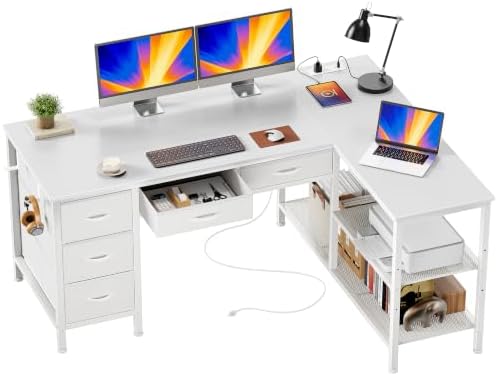 PRAISUN 47 Inch L Shaped Desk with Power Outlets, 5 Fabric Drawers by PRAISUN
