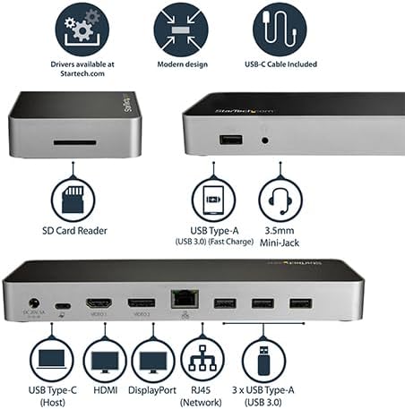 StarTech USB-C Dual HDMI & DisplayPort Dock, 60W, SD Slot, USB-A 3.0, Audio - Image 2