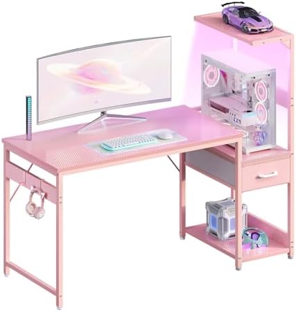 Casaottima 48 Inch Gaming Desk with Storage & LED Lights, Reversible Computer Desk with Display Shelves & Fabric Drawer, Modern Gamer Desk Table with Side Headphone Hook, Carbon Fiber Pink by Casaottima