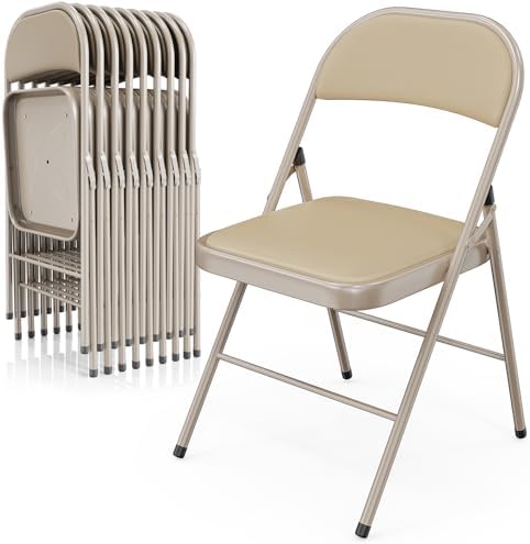 VINGLI 10 Pack Folding Chairs with Padded Seats, Metal Frame with Pu Leather Seat & Back, Capacity 350 lbs, Set of 10, Khaki by VINGLI