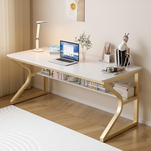 OSCHF 55-Inch Extra Long Desk with Storage Shelf, Gold by OSCHF