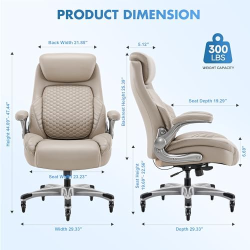 COLAMY Office Ergonomic Desk High Back Executive Chair with Pop-Out Lumbar Support, Upgraded Casters, Adjustable Headrest, Flip-Up Arms, Leather Home with Thick Cushion for Comfort - Khaki - Image 3