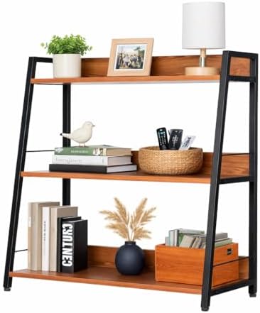 Ladder Shelf, 3 Tier Bookshelf, Small Bookshelf for Small Spaces, Wood and Metal Bookcase, Ladder Bookshelf, Modern Storage Shelf for Living Room and Office (Black, Ladder) - Image 7