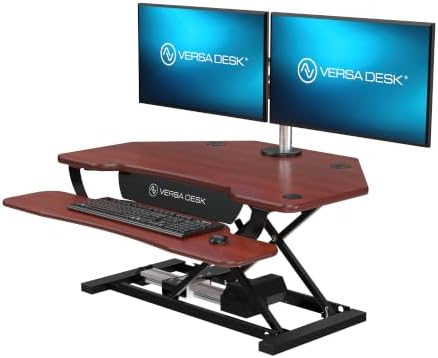 VERSADESK PowerPro 36 Inch Electric Corner Standing Desk Converter, Motorized Height Adjustable Sit-Stand Desk Riser, Dual Monitor & Laptop Workstation with Keyboard Tray, Cherry by VERSADESK