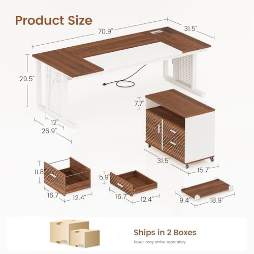 SEDETA 71" Executive Desk with Rolling File Cabinet, Large Office Desk with Drawers, L Shaped Computer Desk with Power Outlets, CPU Stand, Pegboard and Storage Shelves, White - Image 2