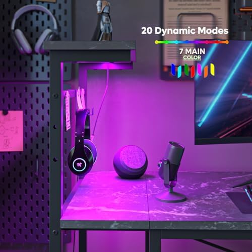 Bestier Gaming Desk with LED Lights, 51.3 Inch Computer Desk with 4 Tiers Reversible Shelves, Gamer Desk with Side Storage Bag, Hooks and Height Adjustable Shelf (Black Marble) - Image 6