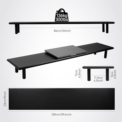 Bamboo Dual Monitor Stand Riser, Black Desk Shelf with Storage - Image 2