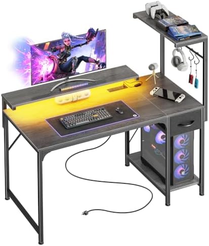 PRAISUN 39.4 Inch Gaming Desk with LED Lights & Power Outlets by PRAISUN
