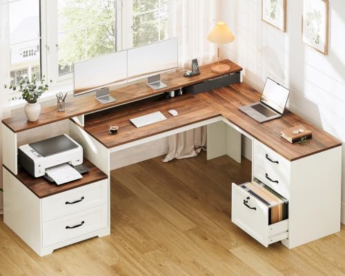 OffiGo Farmhouse 68 Inch L Shaped Executive Desk with Drawers, Walnut+White by OfficeGo-ForHomeOfficeWork