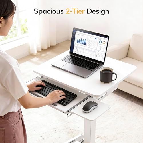 Mount-It! Height Adjustable Rolling Laptop Desk with Keyboard Tray, Mobile Sit-Stand Computer Cart with Wheels, Small Standing Desk for Home, Office, or Classroom, 23.6" x 20.5", White - Image 3
