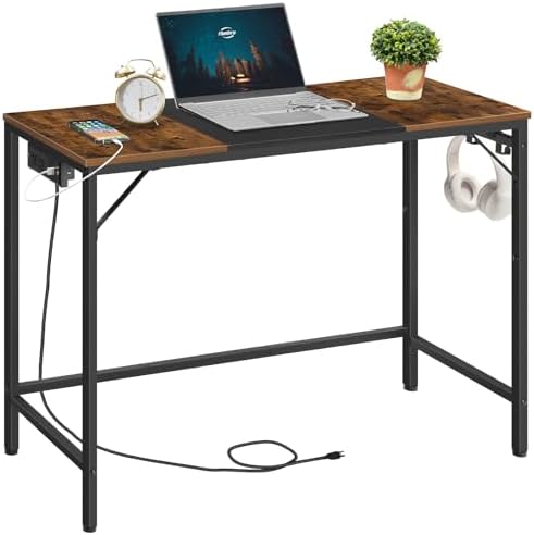 HOOBRO Computer Desk, 39.3 Inch Small Desk with Power Outlet, Writing Table with USB Charging Ports and 3 Hooks for Home Office, Study Room, Bedroom, Easy to Assemble, Rustic Brown and Black BF41UDN01 by HOOBRO
