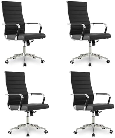 Okeysen Office Desk Chair, Ergonomic Leather Modern Conference Room Chairs, Executive Ribbed Height Adjustable Swivel Rolling Chair for Home Office Set of 4. (Black) by Lepdep