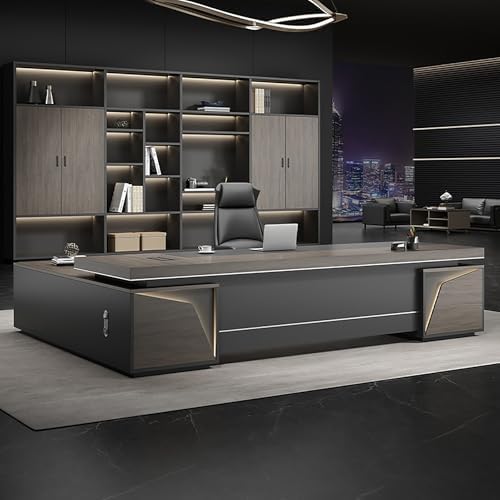 Executive Office Desk with Storage Cabinet,Modern l Shaped Executive Desk,50MM Thick Desktop for CEO Office, Reception & Commercial Workspace by Unknown