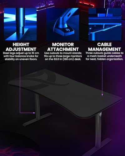 Arozzi Arena Ultrawide Curved Gaming and Office Desk with Full Surface Water Resistant Desk Mat with 3 Custom Monitor Mount Cut Outs and Under The Desk Cable Management Netting - Gunmetal - Image 5