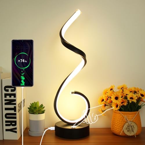 Modern Spiral LED Table Lamp for Bedroom, Bedside Lamps with USB Charging Ports, Dimmable Side Table Lamp Touch Lamps for Nightstand, 3 Colors Modes Desk Lamps for Living Room, Office - Black by BESKETIE