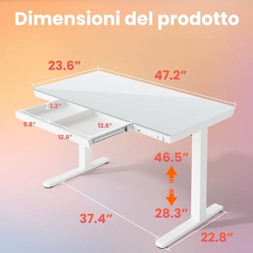 HUANUO Glass Standing Desk with Drawers, 48 X 24 Inch Electric Adjustable Height Desk, Quick Install One-Piece Tabletop with USB Charging Ports, White - Image 3
