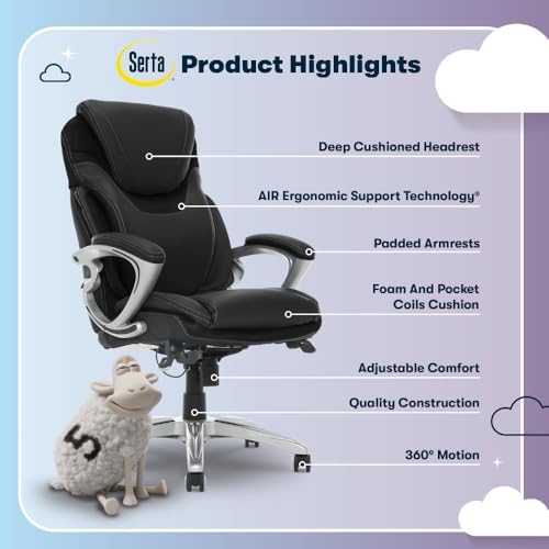 Serta Bryce Executive Office Chair, Ergonomic Computer Desk Chairs with Patented AIR Lumbar Support, Comfy Body Pillows, Height Adjustable, Swivel Base with Wheels, Bonded Leather, Black - Image 4