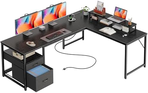 PRAISUN 63 Inch L Shaped Desk with Power Outlets and USB-C Port, Computer Corner Home Office Desk with File Fabric Drawers and Movable Monitor Stand, Larger Storage, Gaming, Writing, Work, Black by PRAISUN
